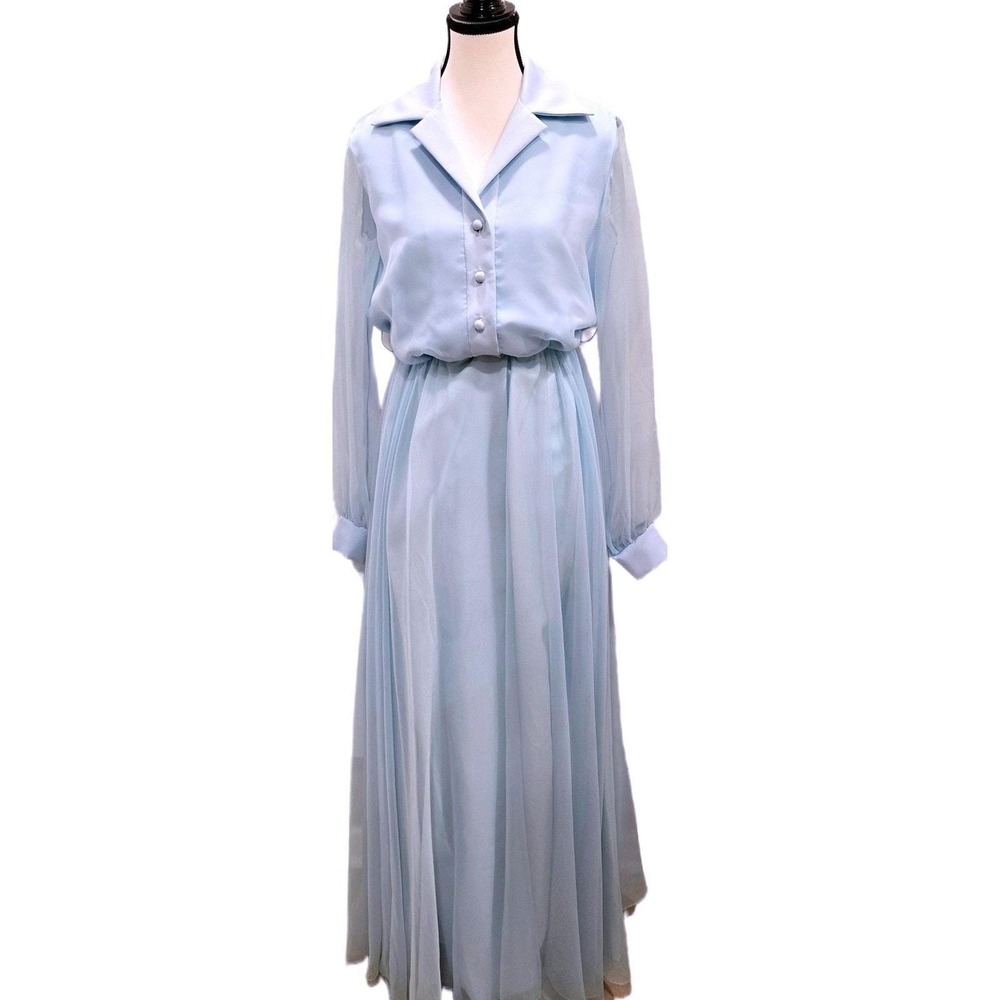VTG 70s Jack Bryan Sky Blue Pleated‎ Chiffon Maxi Dress Poet Sleeve Goddess M